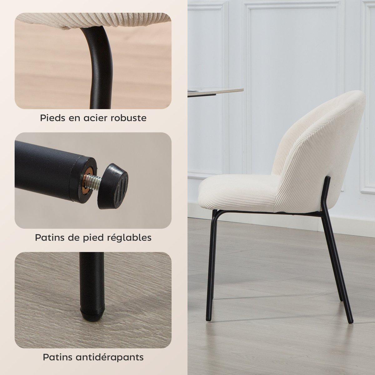 Chaise de salle à manger Velours côtelé (70 % crème, HOMCOM