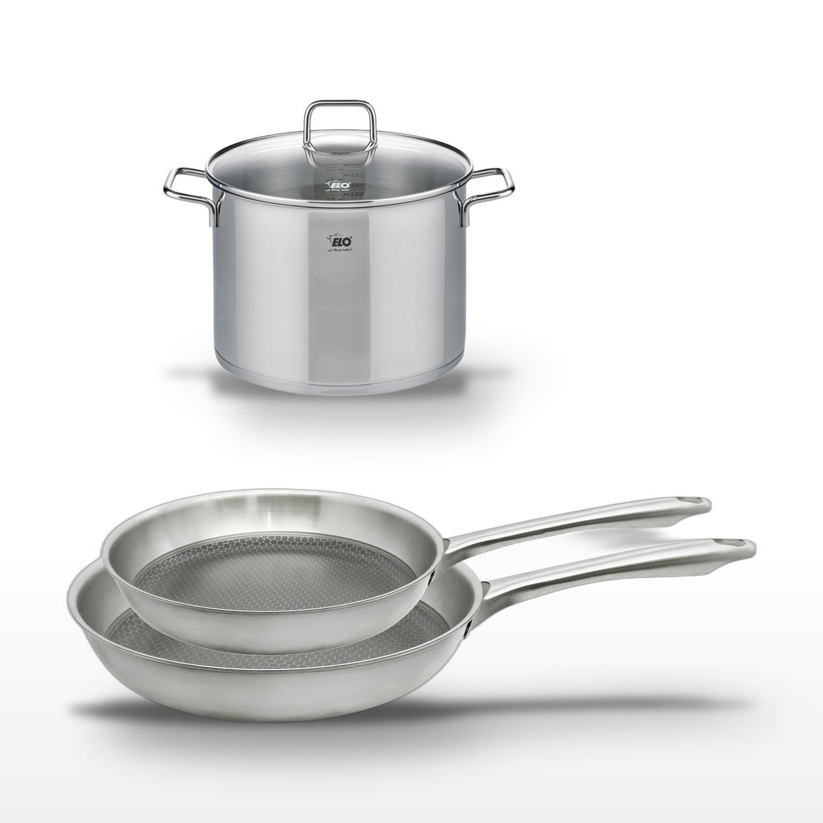 Batterie 2 poêles 24/28cm + 1 faitout 14cm RELIEF PASSION gris, ELO