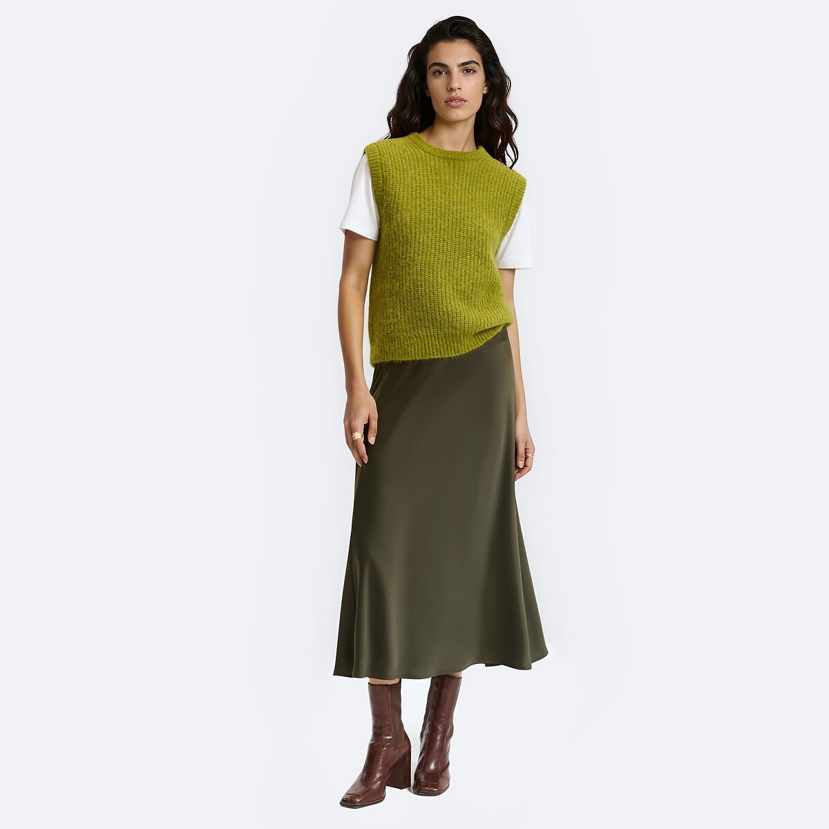 Matt Satin Full Elasticated Waist Midi Skirt khaki green, LA REDOUTE COLLECTIONS