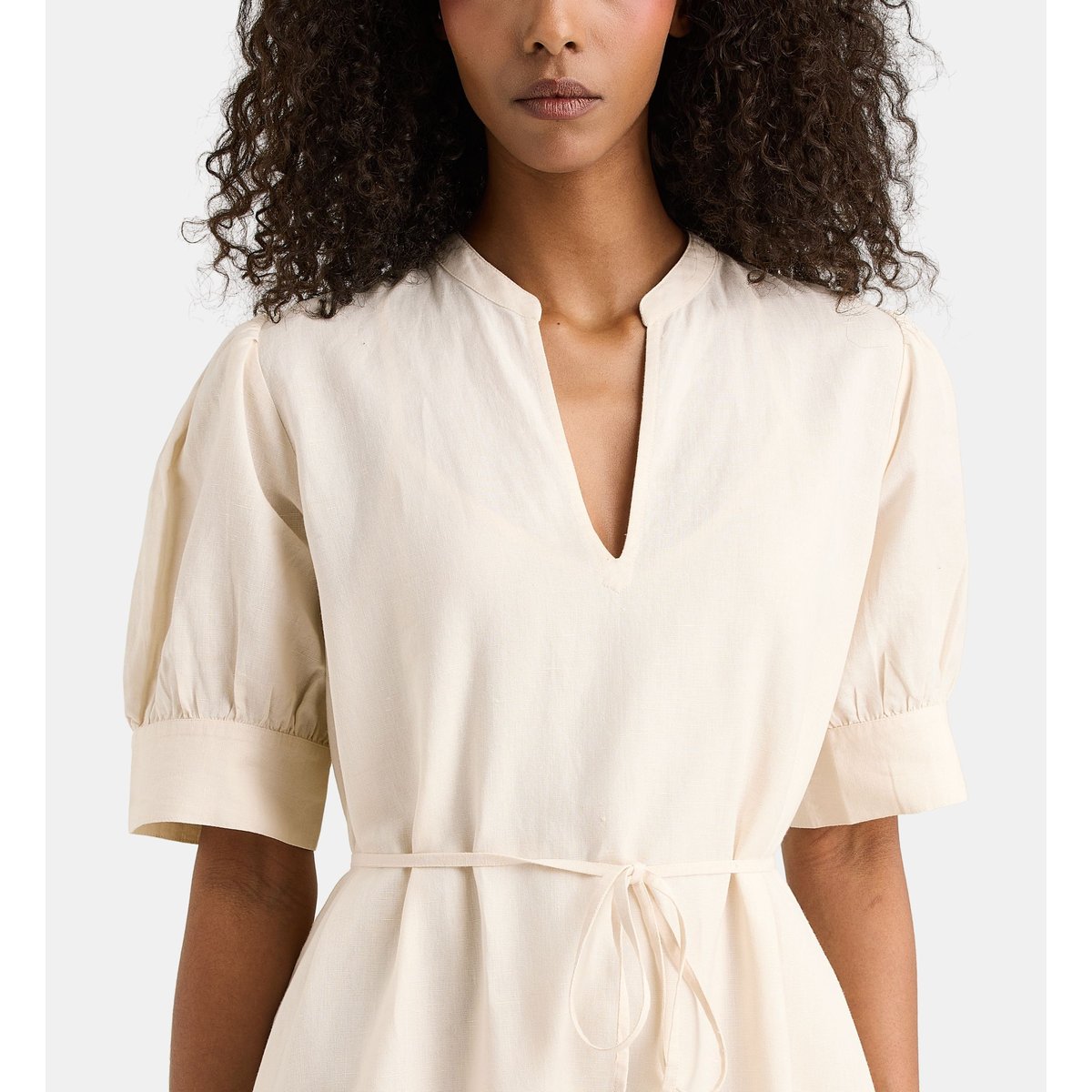 Robe nawel droite mi-longue en coton et lin écru, JODHPUR