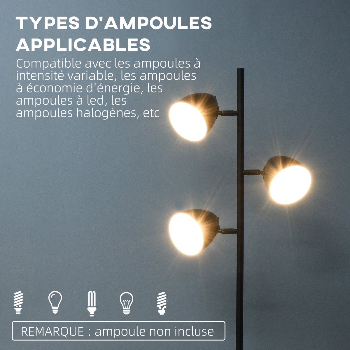 Lampadaire Acier Noir noir, HOMCOM