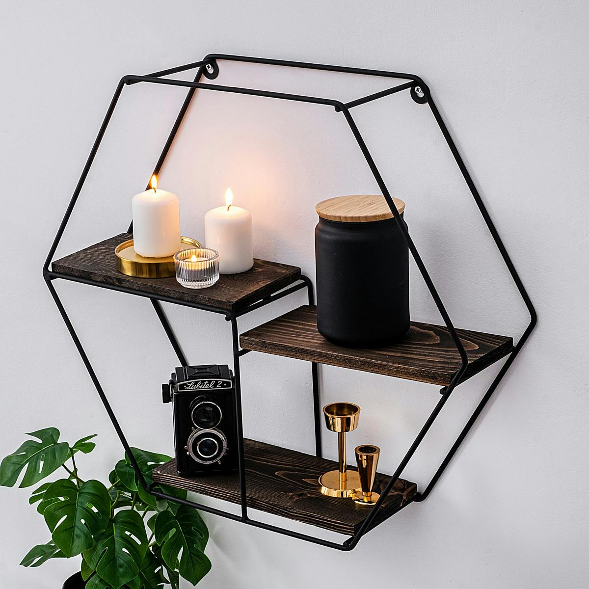 Étagère noire décorative hexagone décor bois foncé JENA marron, PIER IMPORT