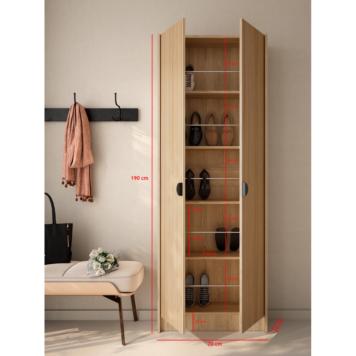 Meuble à chaussures en placard, NUX DUO chêne dore-lattes chêne, HERDASA