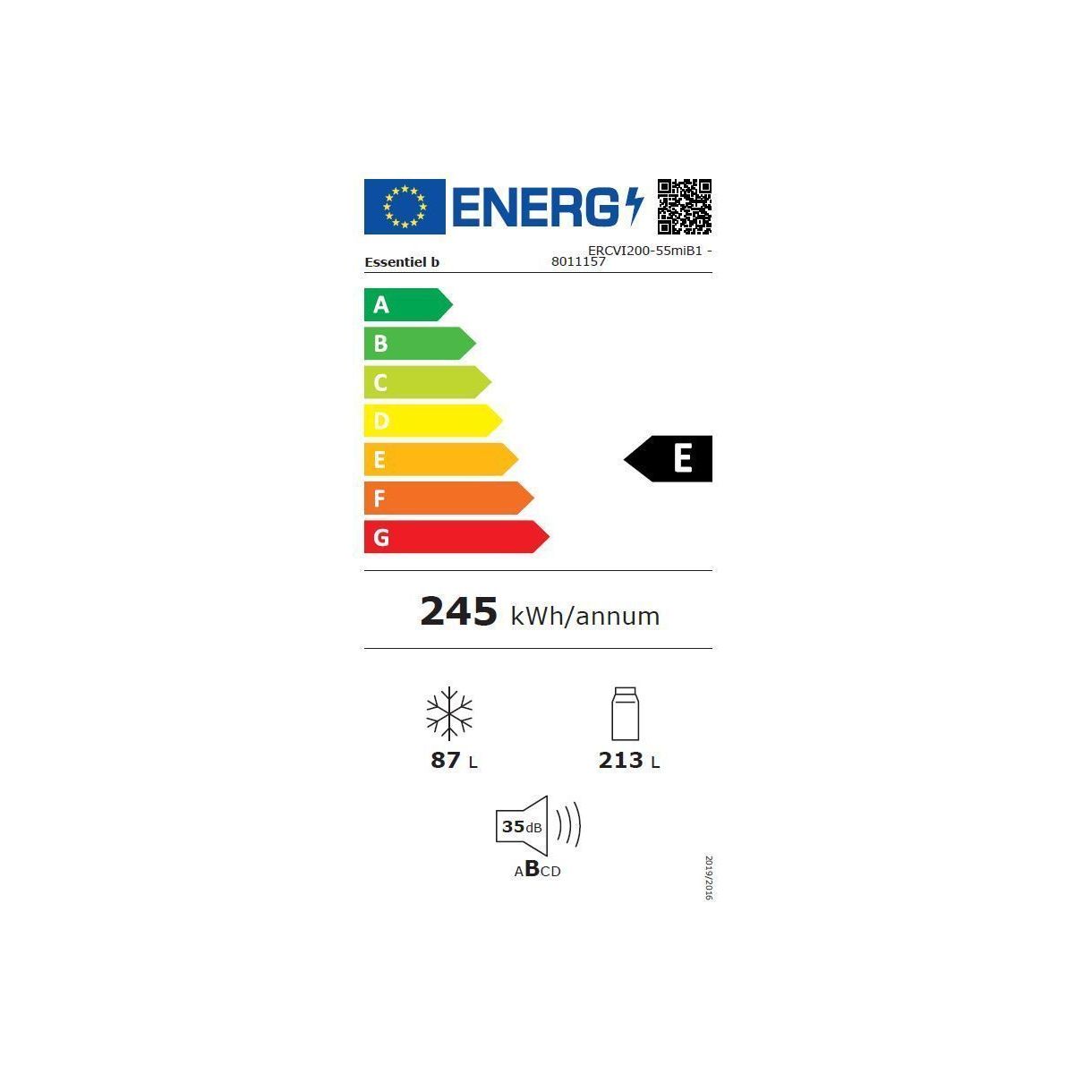 Réfrigérateur combiné encastrable ERCVI200-55miB1 194cm couleur unique, ESSENTIEL B