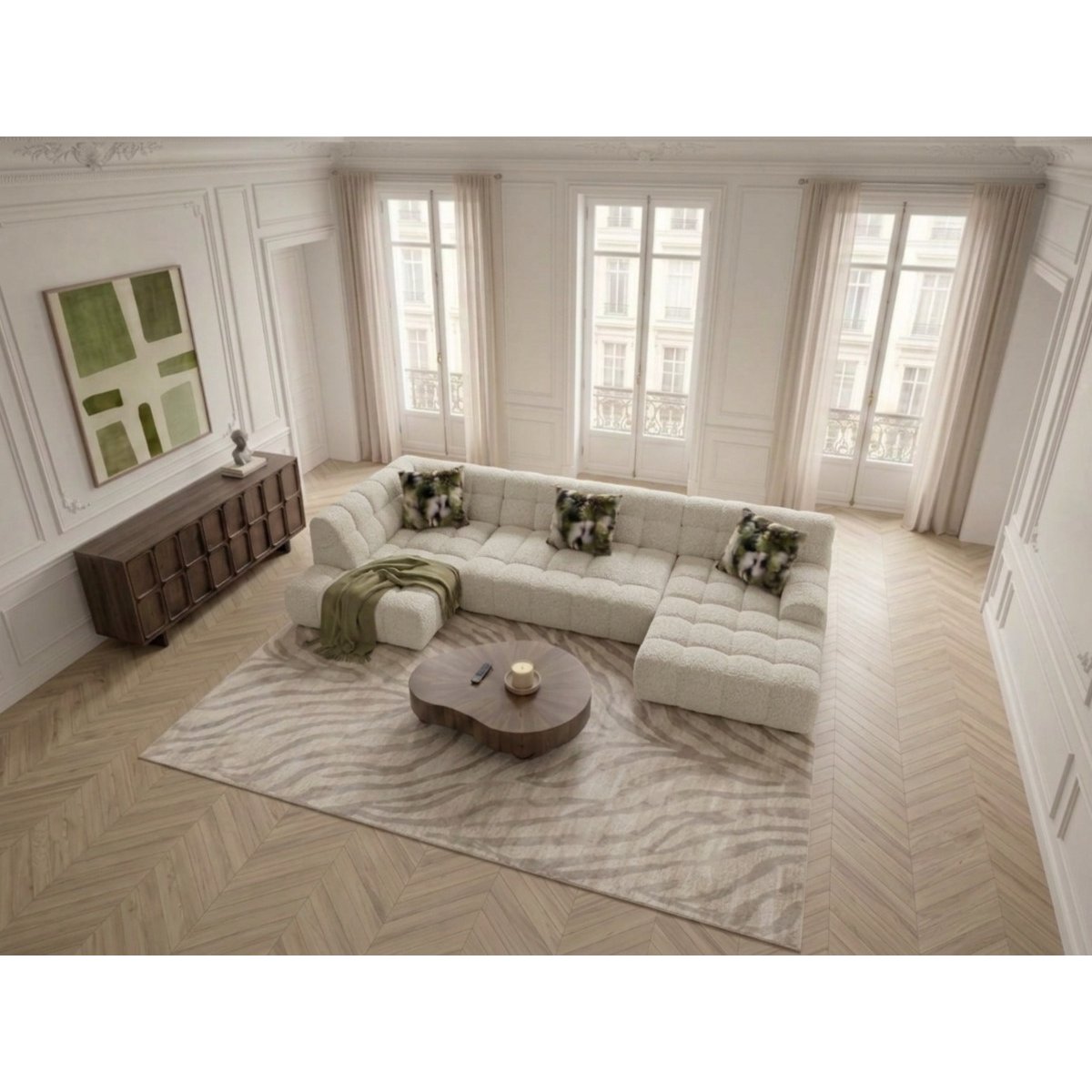 Canapé d'angle convertible 4 places en tissu texturé, ANDRE blanc, BOBOCHIC