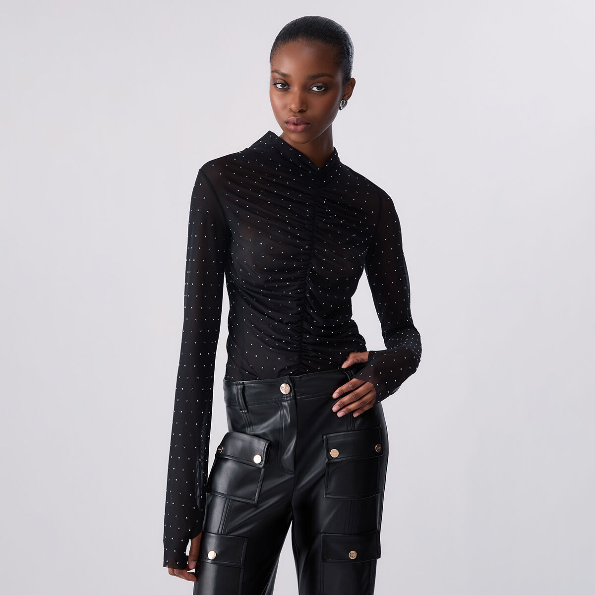 T-shirt en tulle à strass intégraux noir, LIU JO