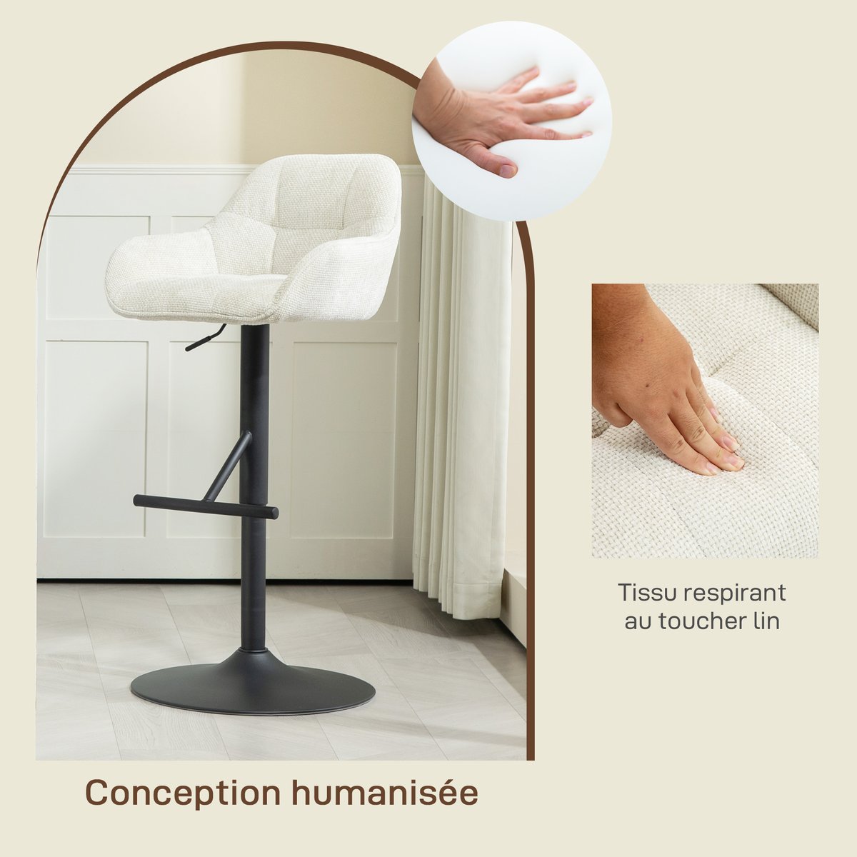 Tabouret de bar Polyester Crème crème, noir, HOMCOM