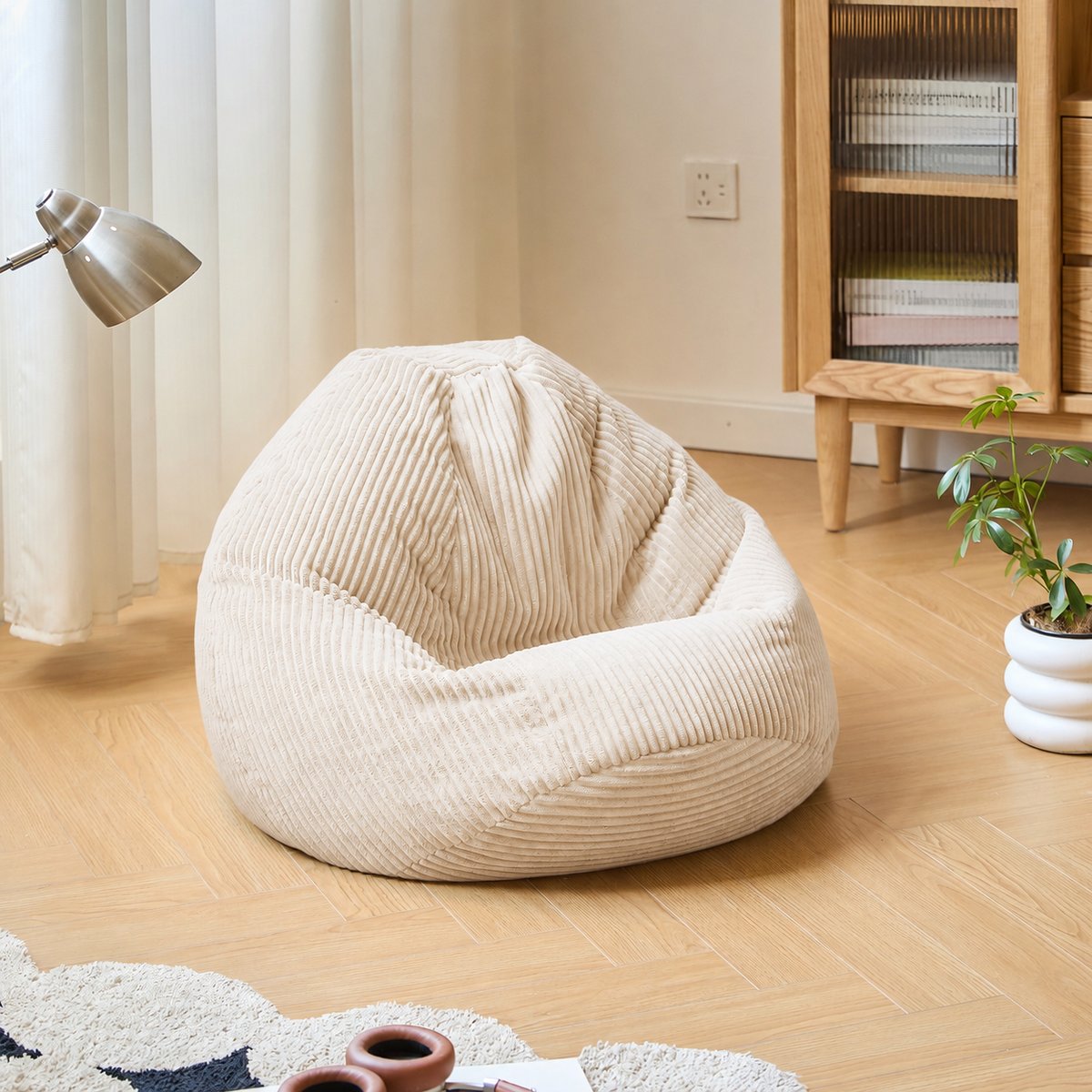 Pouf de salon, velours côtelé, FLOBY beige, NORDLYS