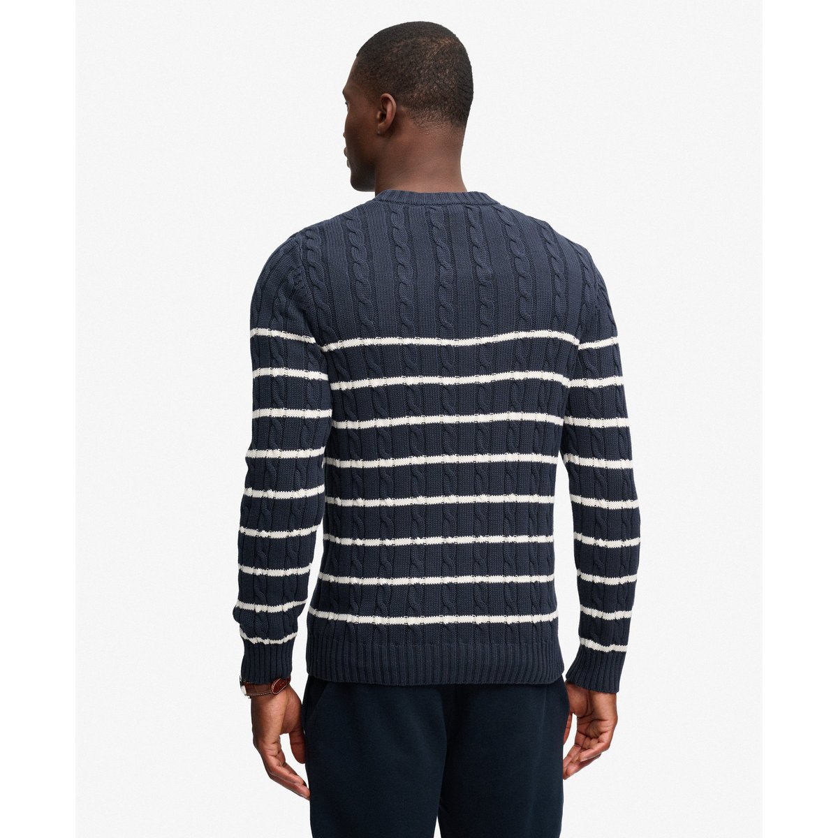 Pull en maille torsadée à rayures en coton rayé bleu marine/blanc, SUPERDRY