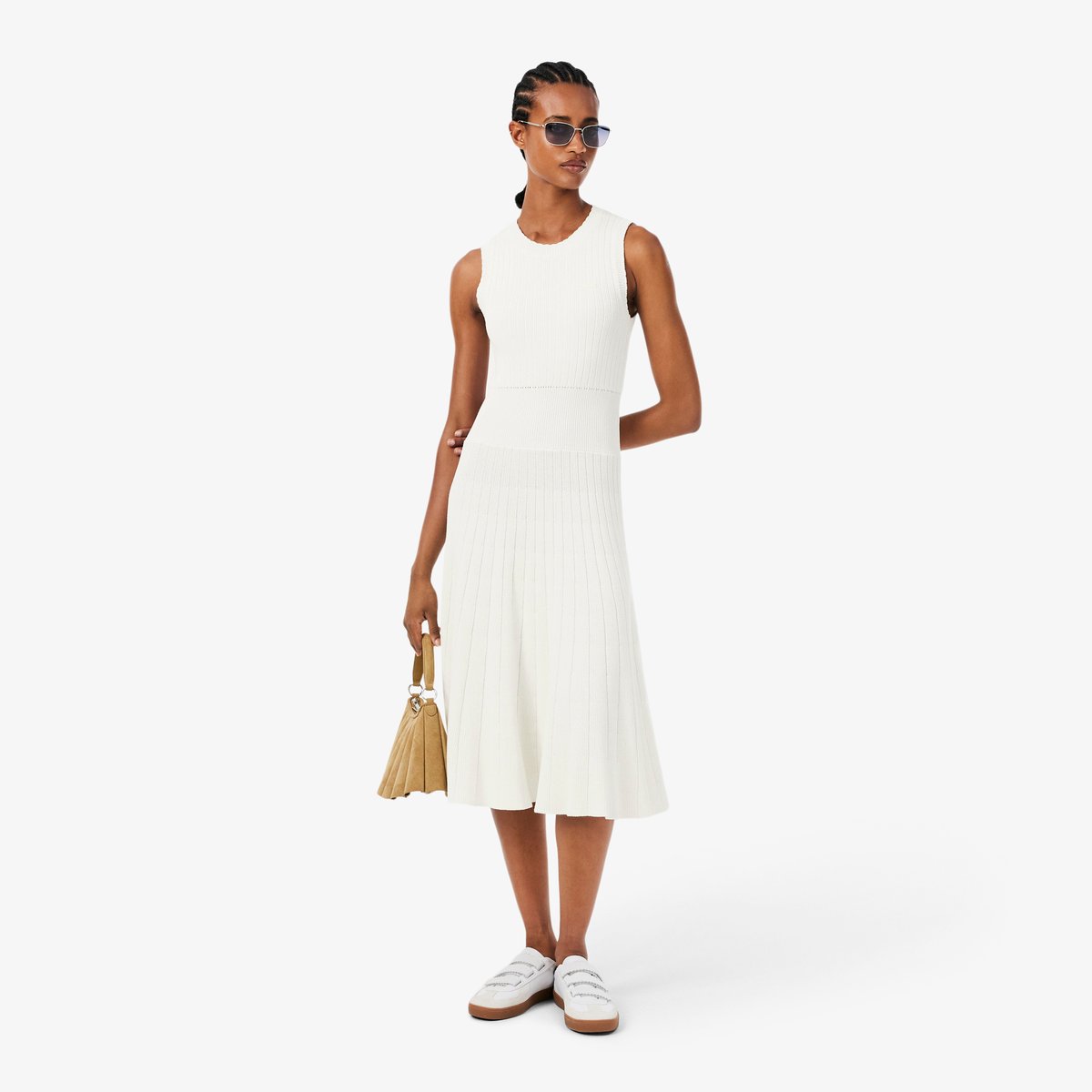 Robe côtelée coton mélangé à plis blanc-70v, LACOSTE