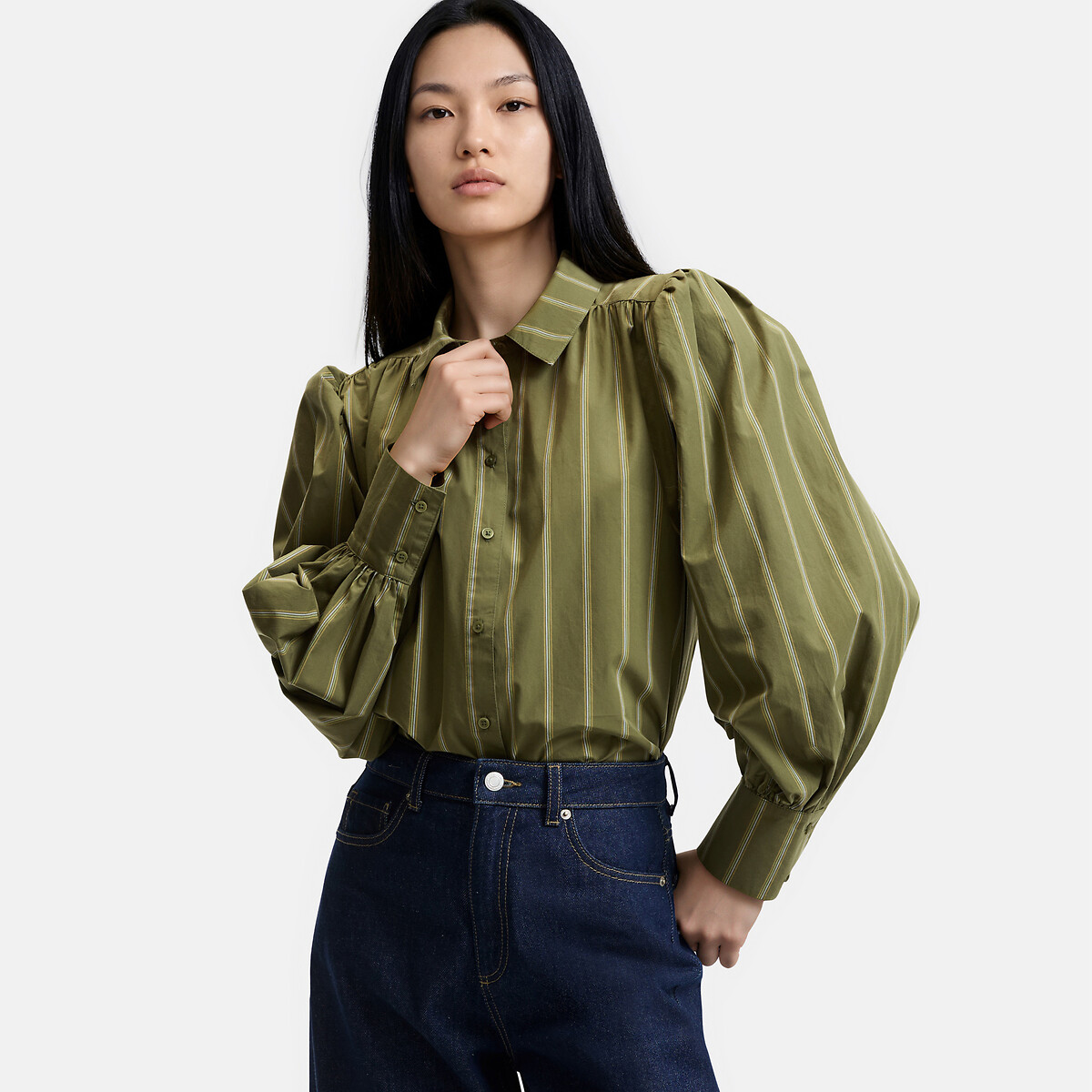 Striped Cotton Loose Fit Puff Sleeve Shirt green/ecru striped, LA REDOUTE COLLECTIONS