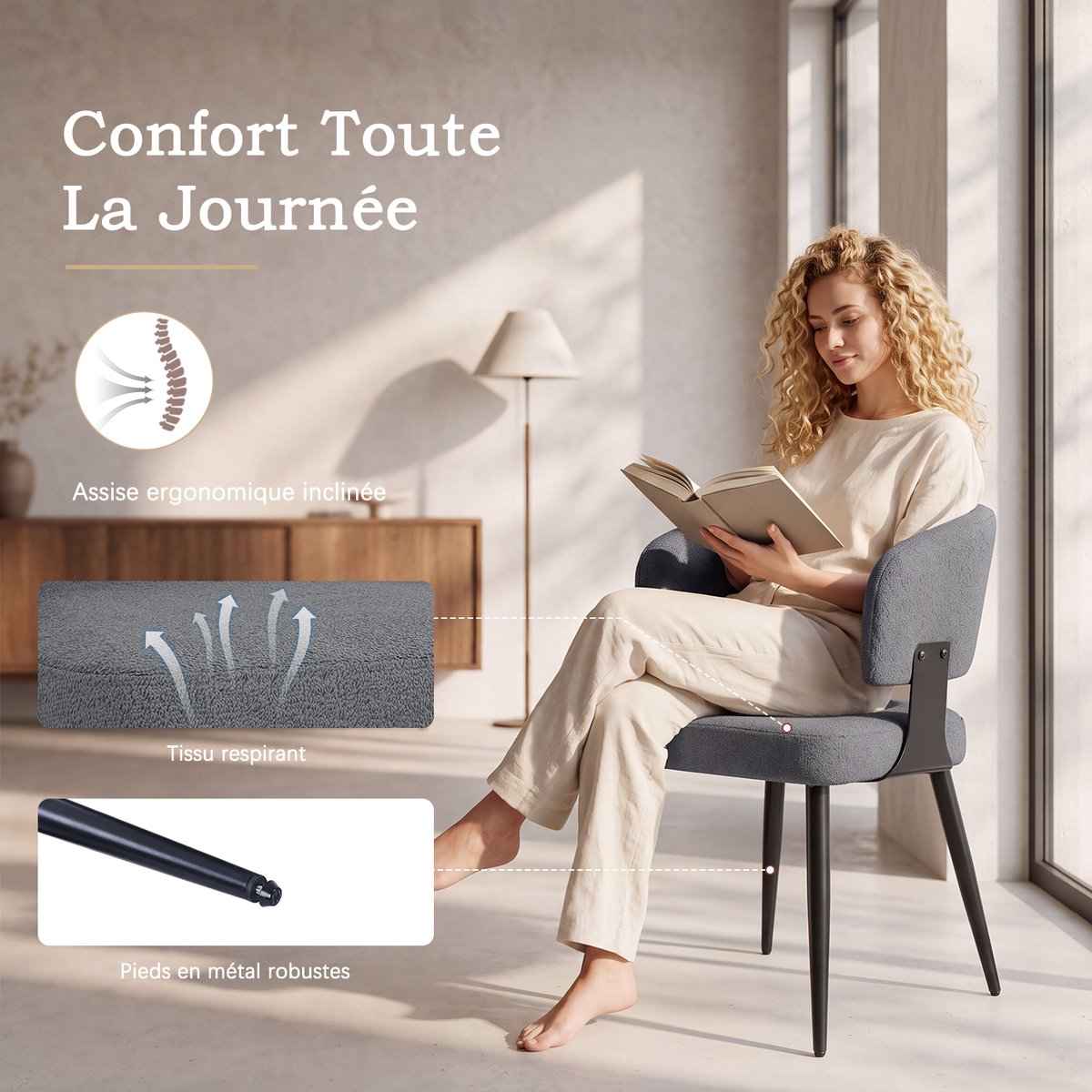 Lot de 6 chaises de salle à manger style industriel en tissu, CASEMI gris, MEUBLES COSY