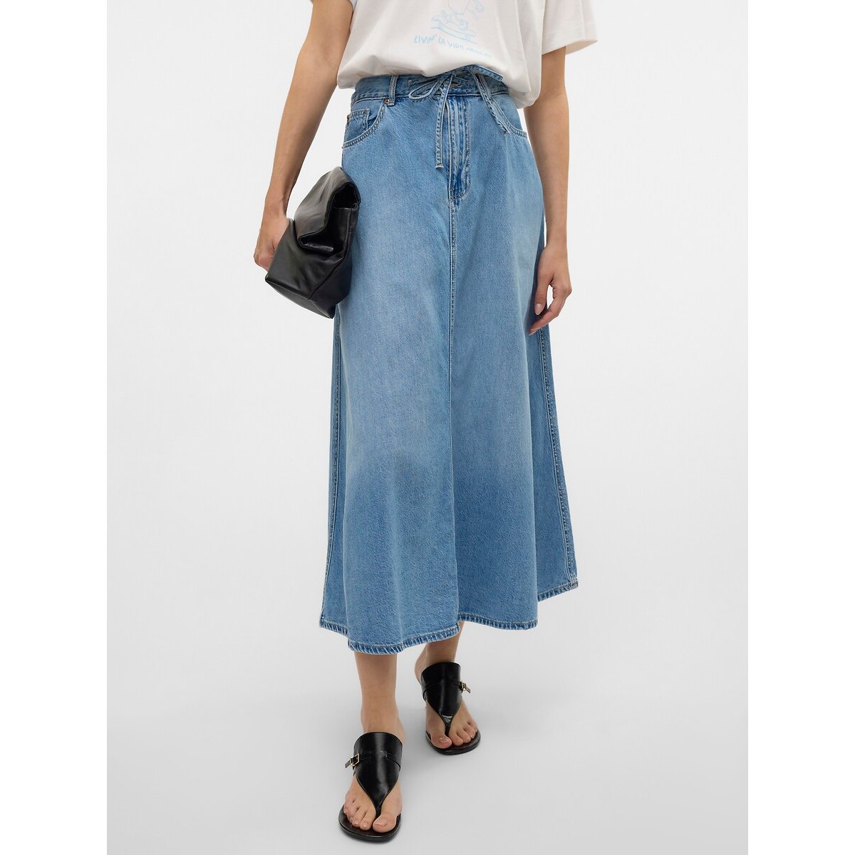 Jupe longue en jean avec ceinture à nouer light blue, VERO MODA
