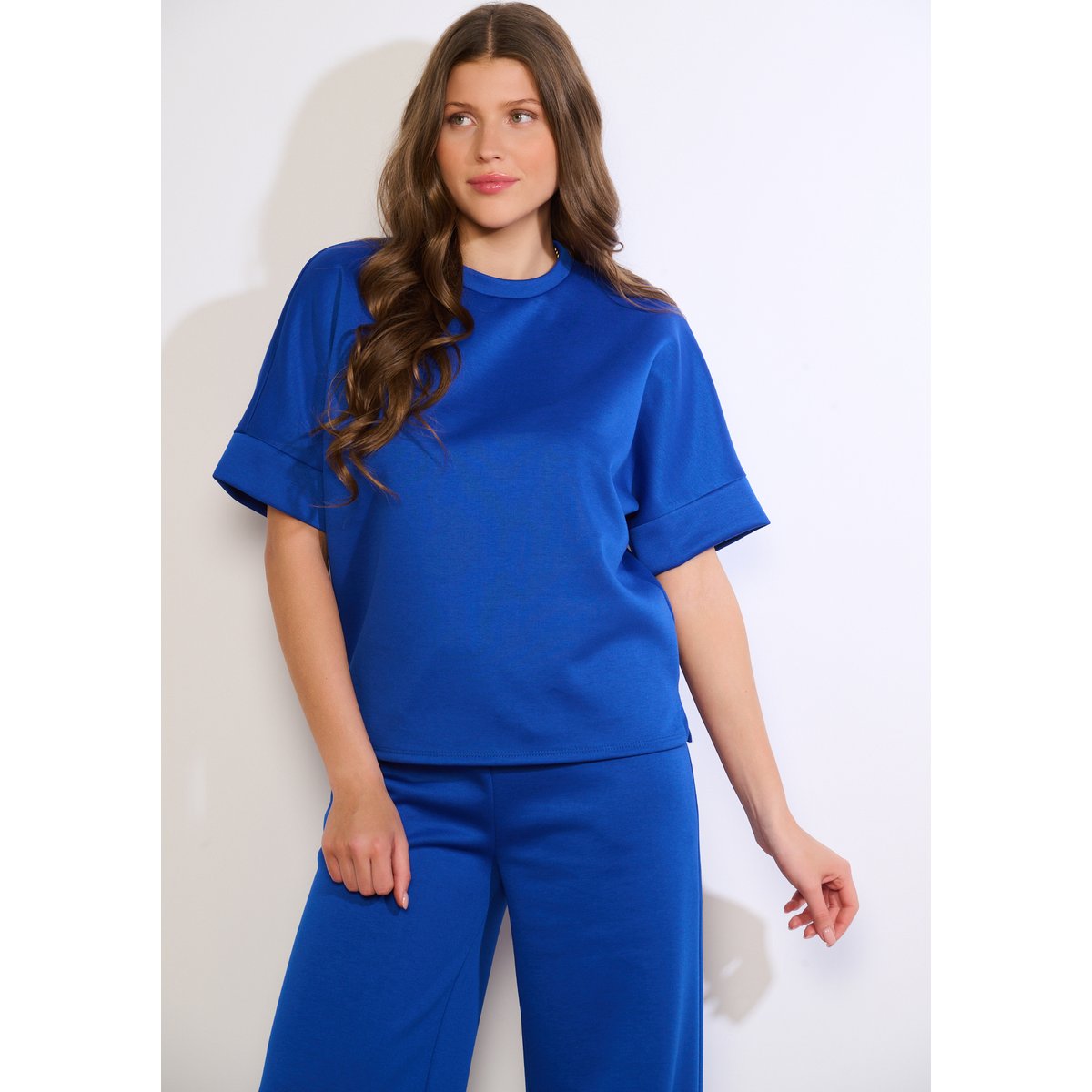 T-shirt structuré manches pliées bleu electrique, LOLALIZA
