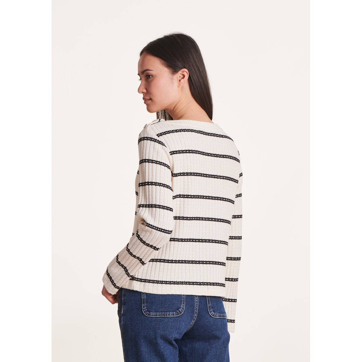 Pull marinière en coton biologique avec boutons bijou sahara/noir, LA FEE MARABOUTEE