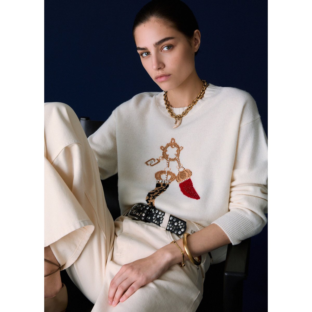 Maille jacquard en laine avec charm blanc, LIU JO