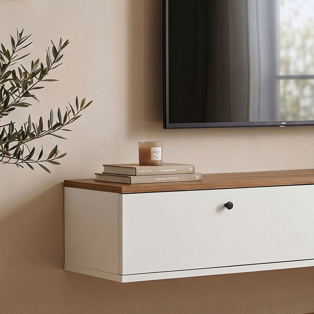 Meuble tv suspendu 2 portes plateau bois foncé L140cm- YARA blanc, DRAWER