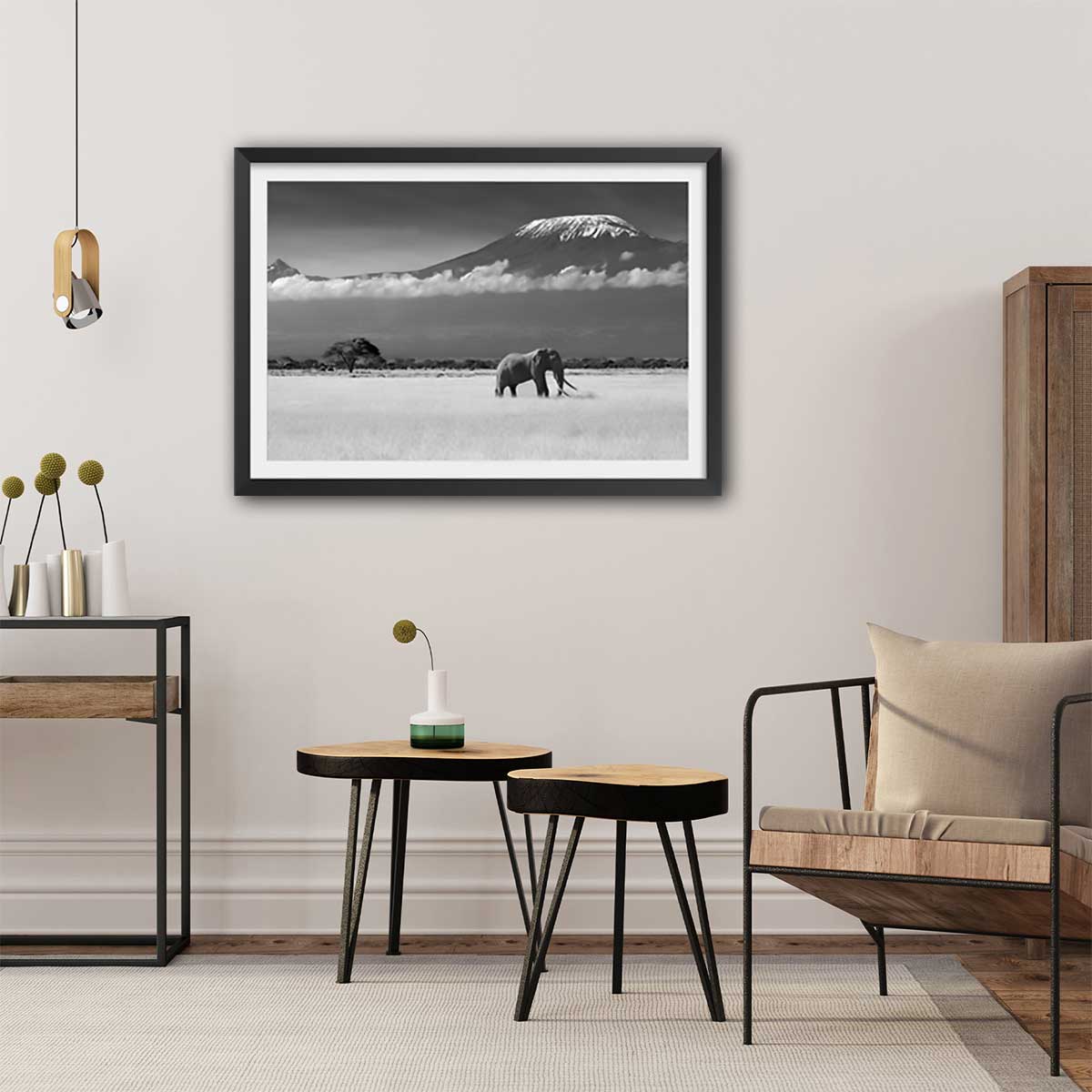 Affiche éléphant et kilimanjaro affiche + cadre en bois - noir, HEXOA