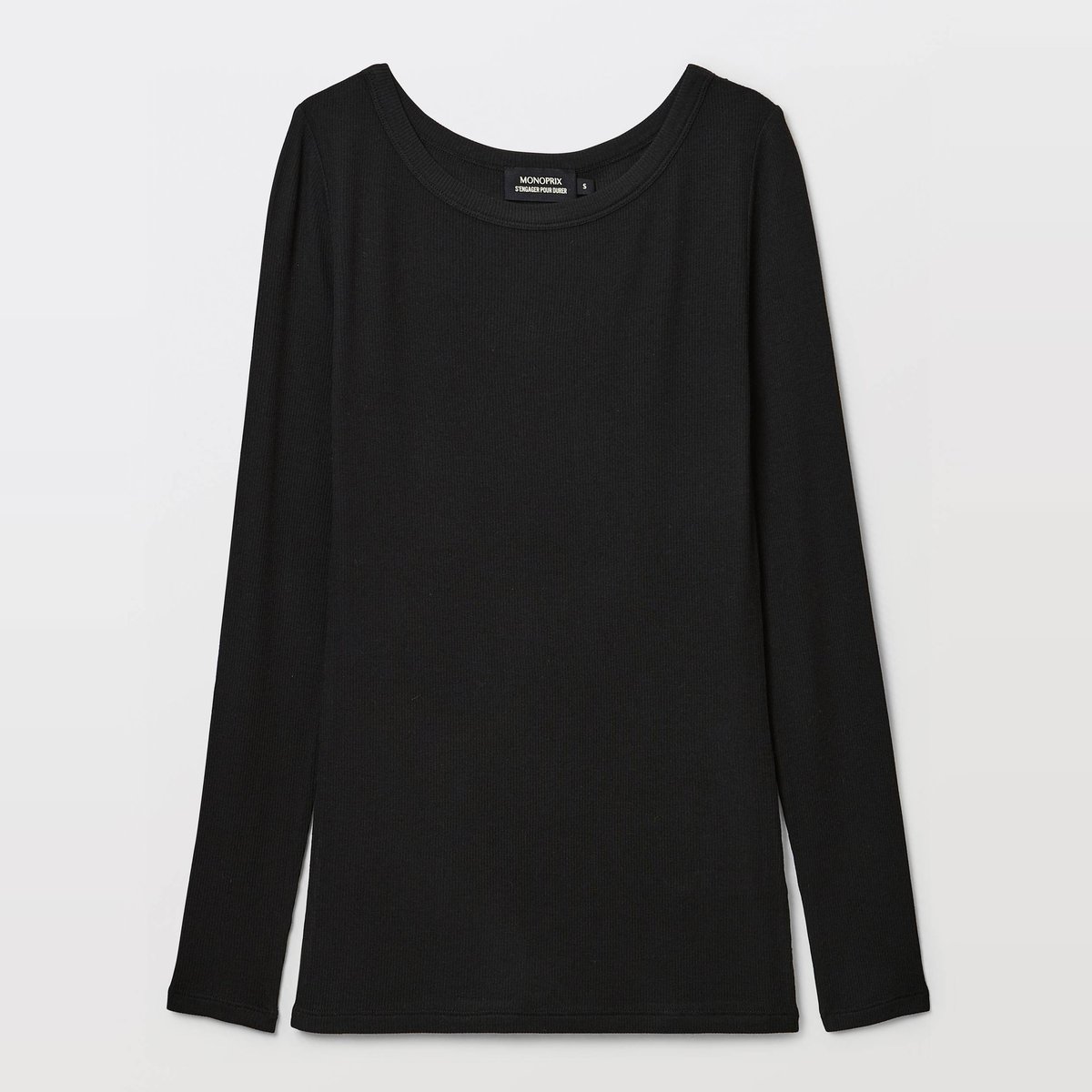 T-shirt manches longues côte fine contenant du cachemire noir, MONOPRIX