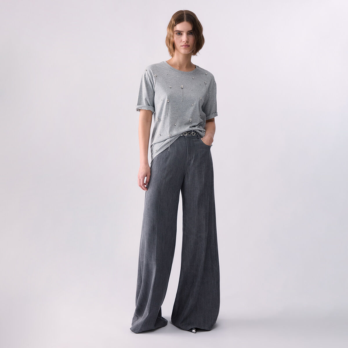 T-shirt avec broderies bijoux gris, LIU JO