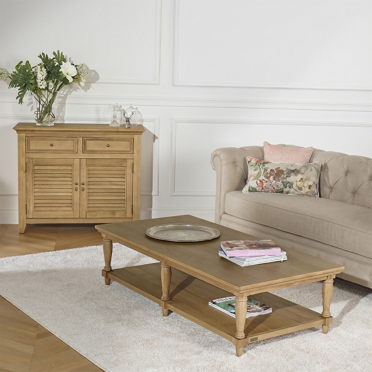 Longue table basse style shabby chic en chêne EDINBURGH marron, ROBIN DES BOIS
