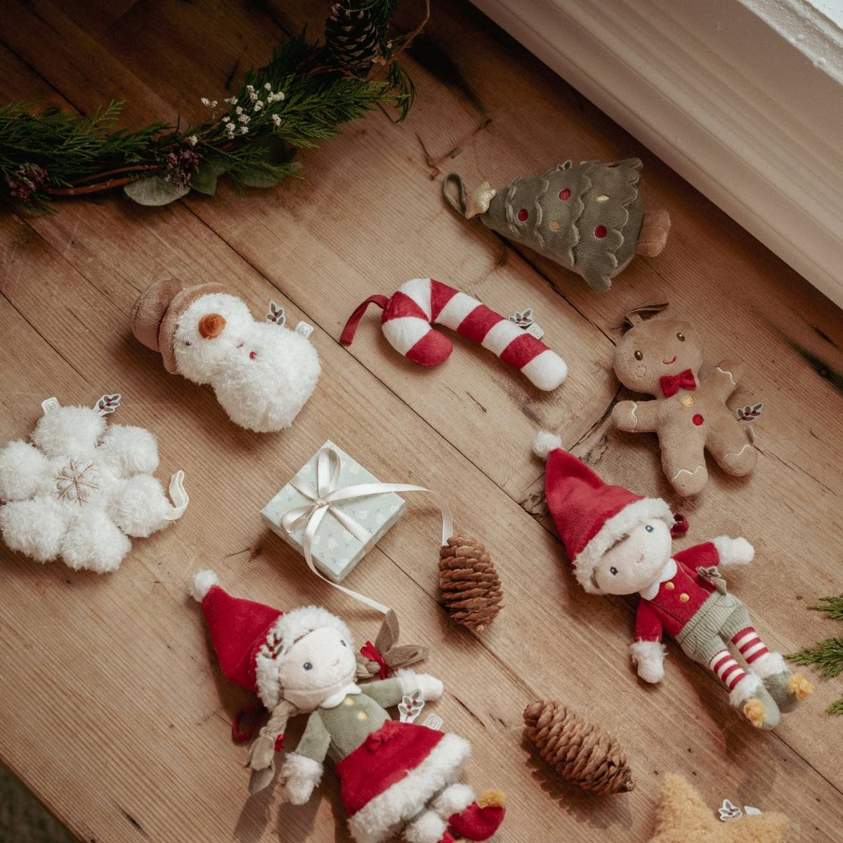 Lot de 4 décorations de Noël en peluche à suspendre vert, rouge, blanc, LITTLE DUTCH