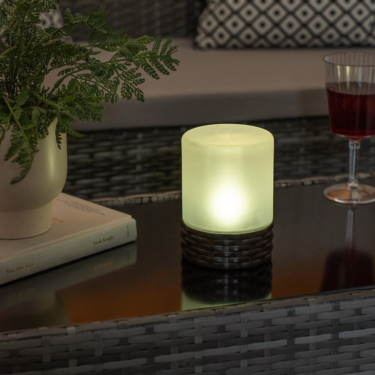 Solar Powered Outdoor Rattan Table Lamp with Frosted Glass Shade white, SO'HOME