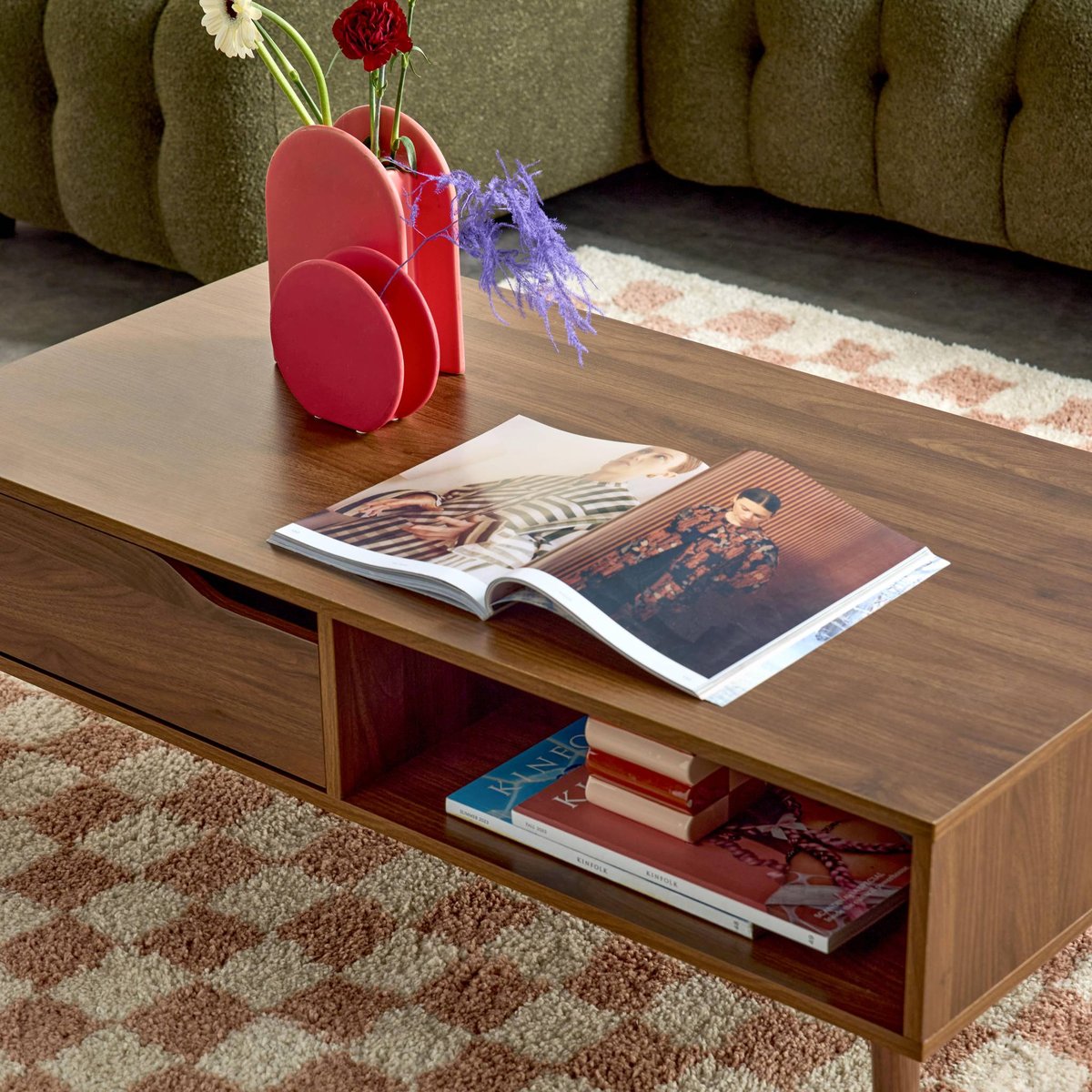 Table basse vintage rectangulaire décor bois de noyer 1 tiroir NEPAL noyer, SWEEEK