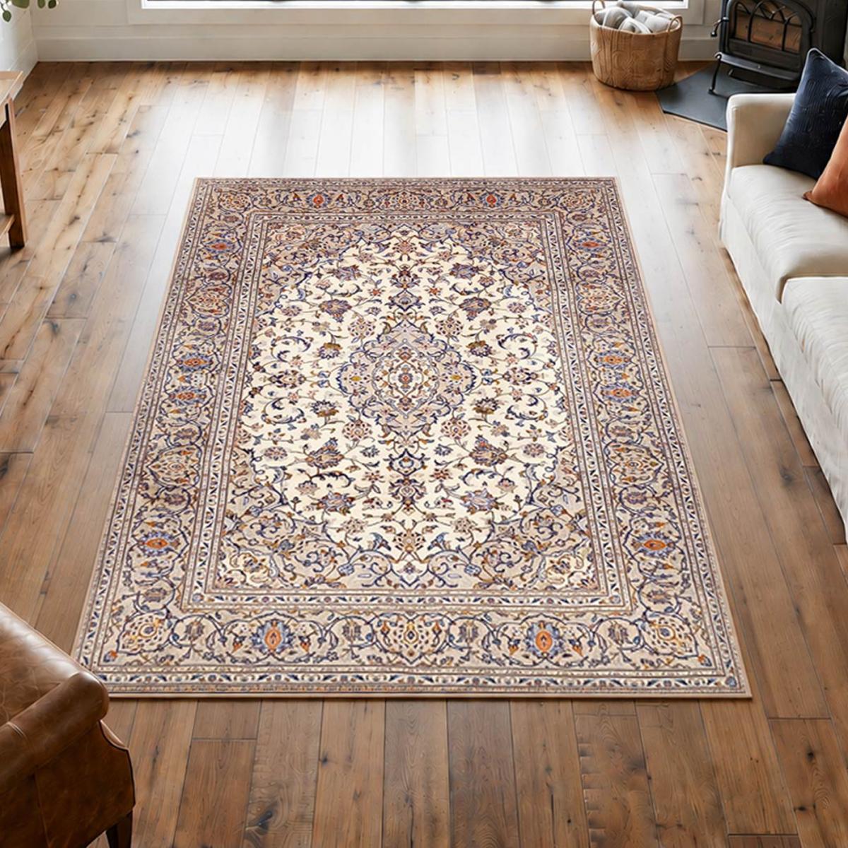 Tapis d'orient, motif oriental, noué main en laine, KASHAN 1 crème, beige, bleu, UN AMOUR DE TAPIS