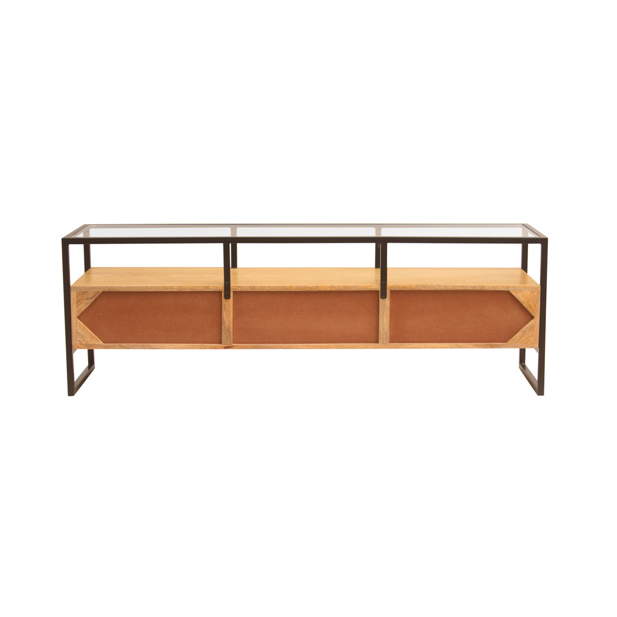 Meuble TV rectangulaire avec rangements en bois manguier massif, verre et métal noir L150 cm DIYA chêne clair, MILIBOO
