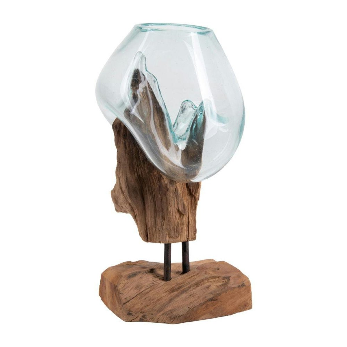 Vase verre soufflé et racine teck, artisanal H 25 cm ARIZONA bois naturel, PIER IMPORT