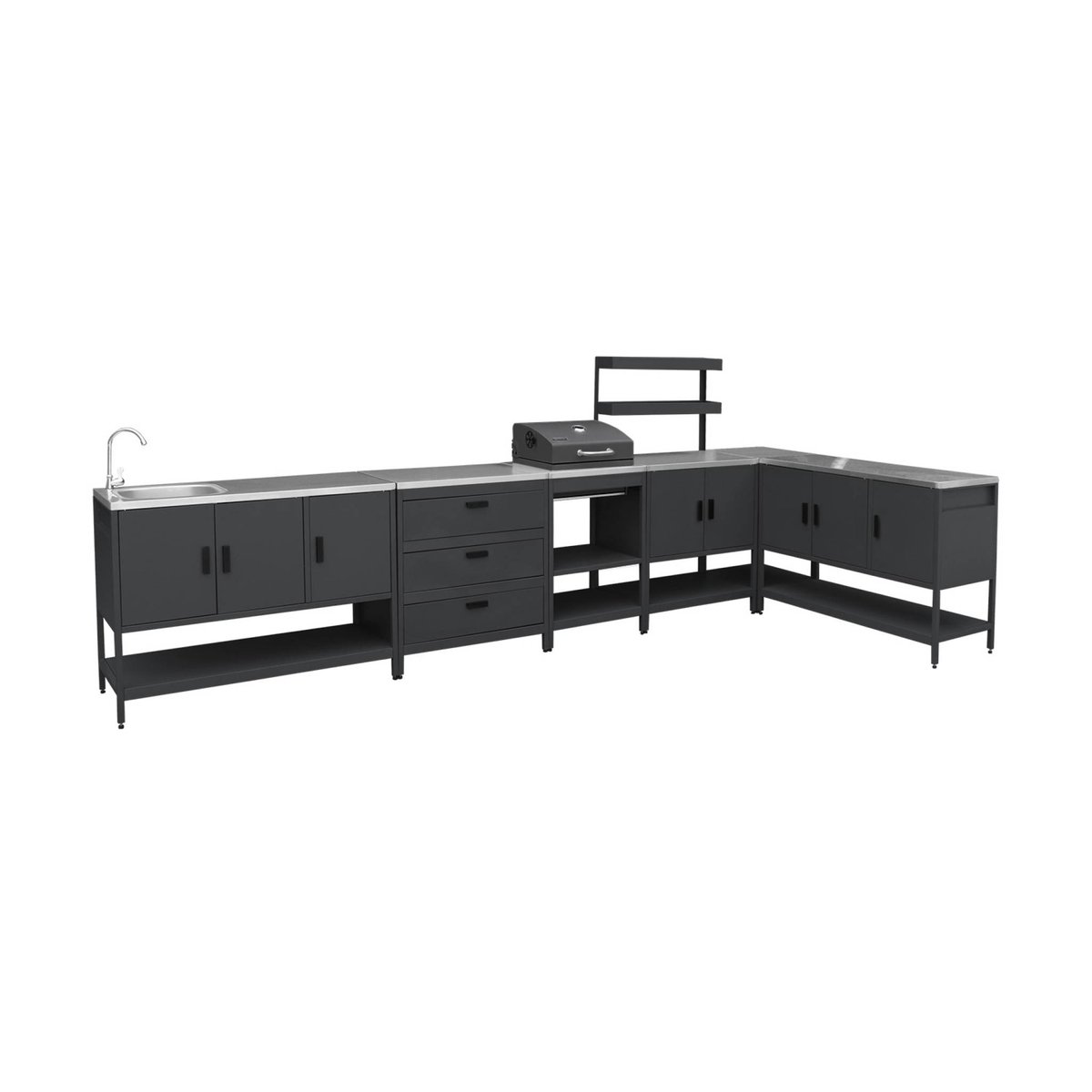 Cuisine d'extérieure 5 modules avec barbecue charbon de bois sur pieds, 2 étagères et thermomètre NAXOS BARBECUE CHARBON + 5 MODULES noir, SWEEEK