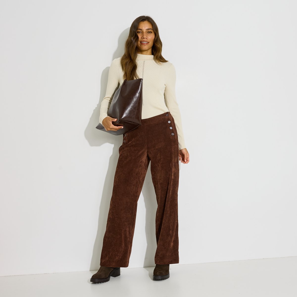 Pantalon droit à pont en velours marron, GRAIN DE MALICE