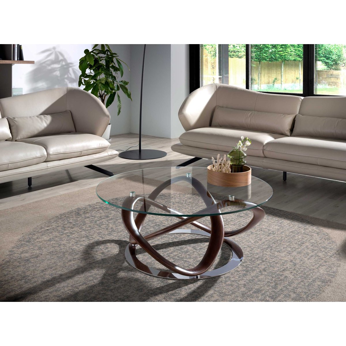 Table basse ronde en verre trempé, noyer et acier chromé noyer | verre | acier, ANGEL CERDA