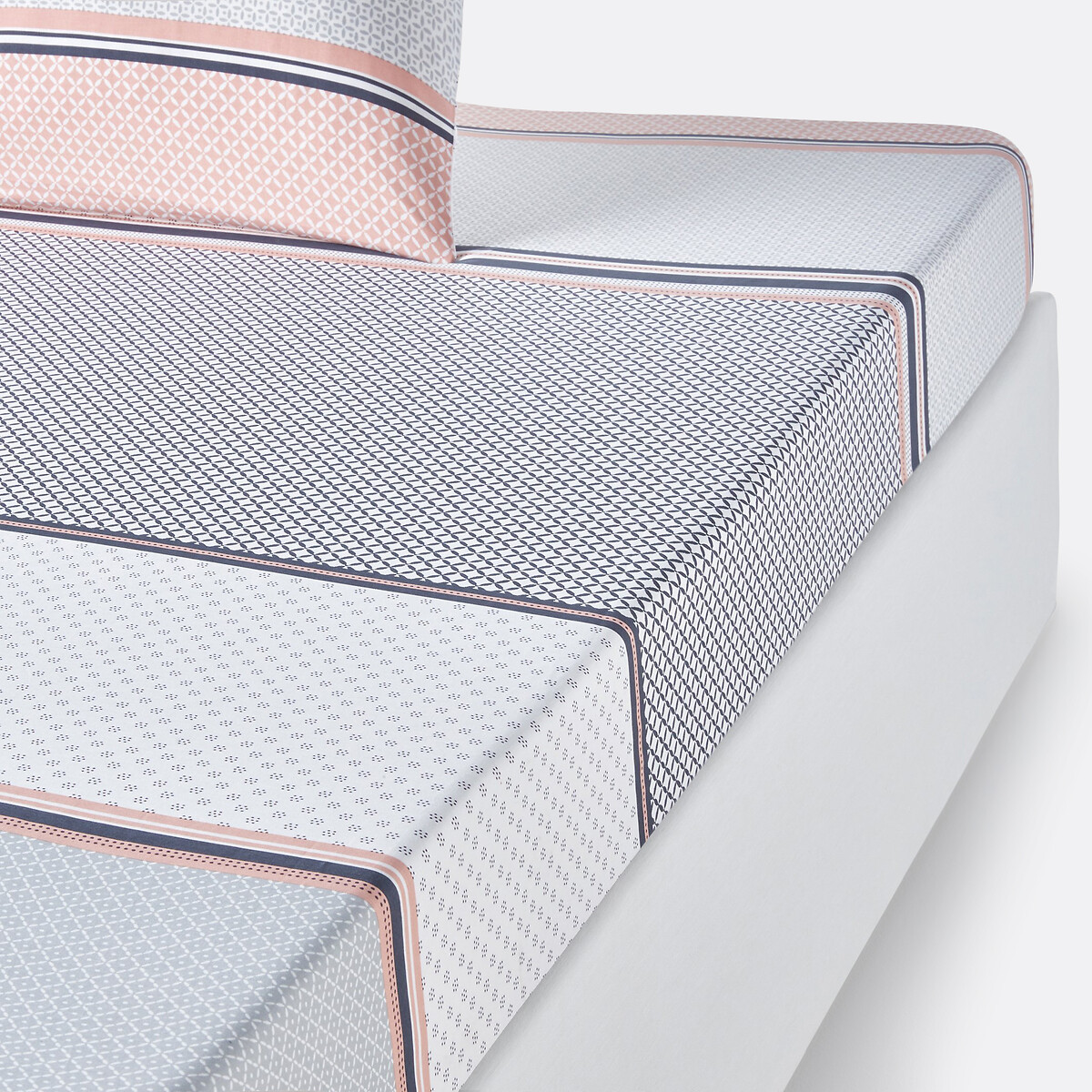 Drap housse coton, Nayma gris/rose poudrée, SO'HOME