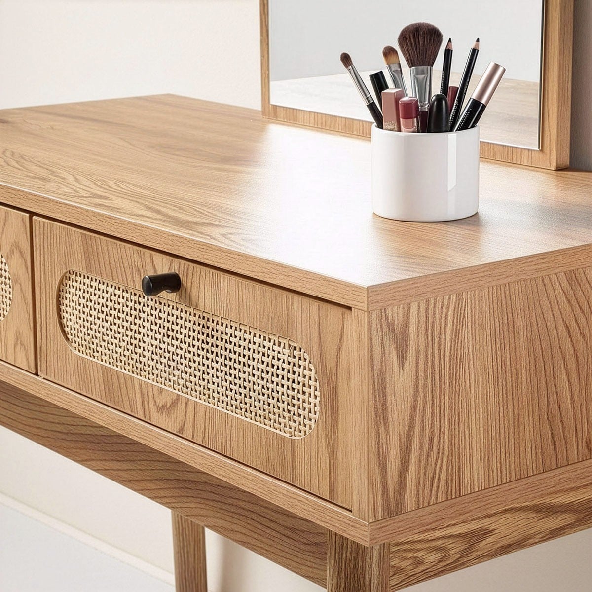 Coiffeuse miroir et 2 tiroirs en rotin ALIA bois clair, CALICOSY