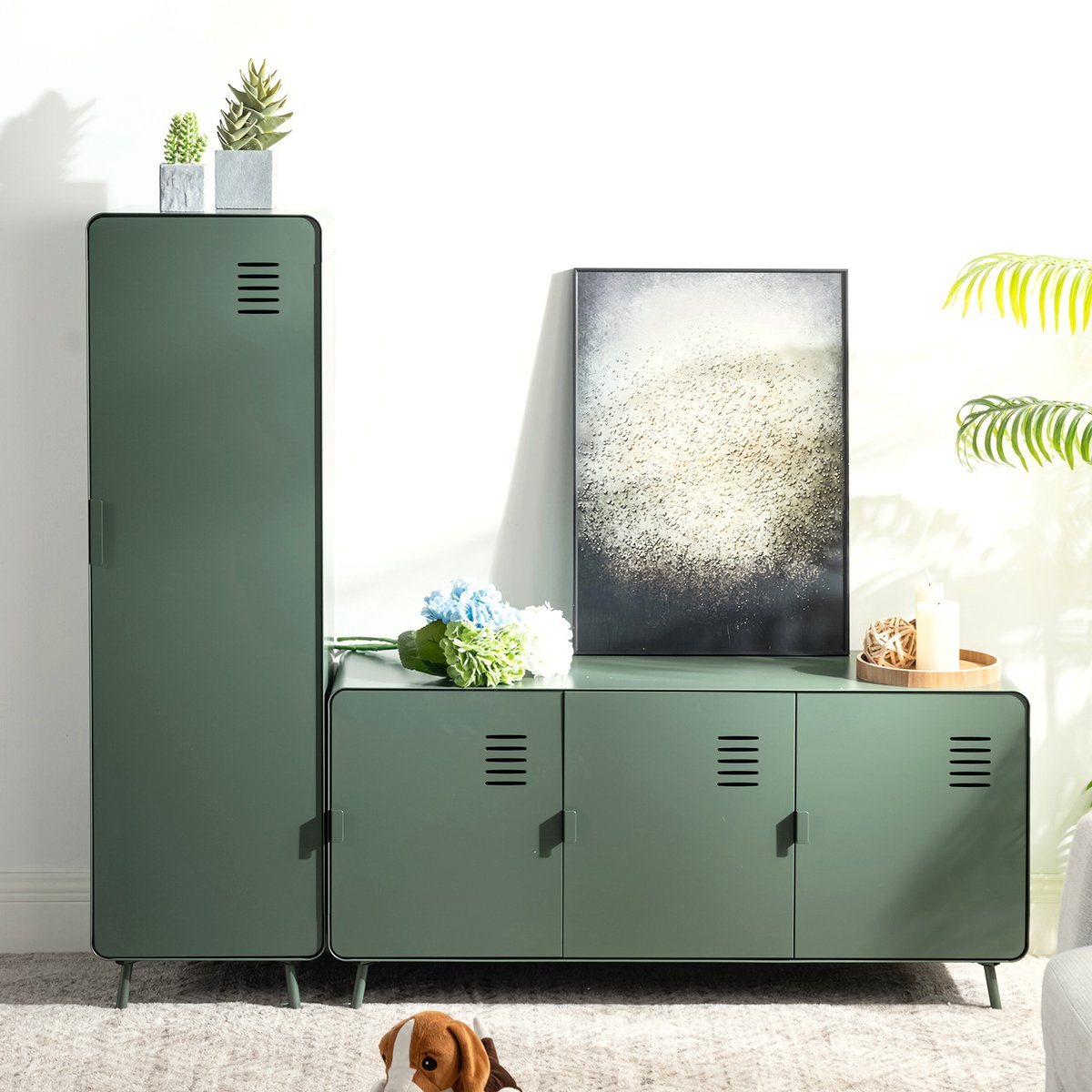 Armoire de rangement avec 1 portes 2 couches et 1 rail en métal industriel, WALNUTLIVING vert foncé, MEUBLES COSY