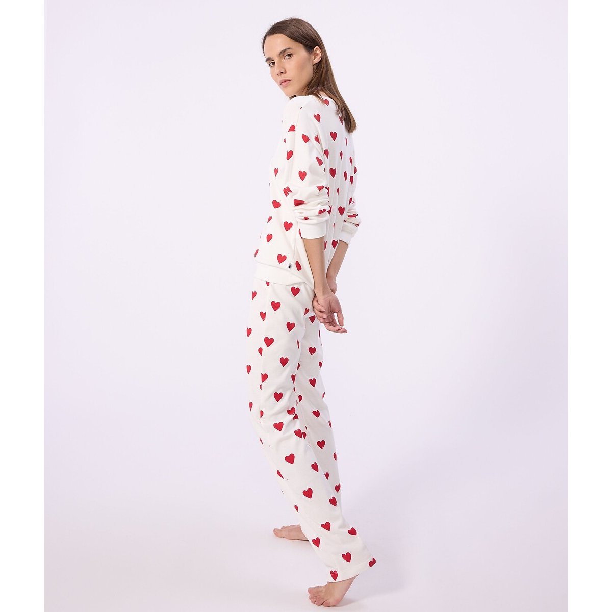 Pyjama long en coton, imprimé cœur blanc cœur rouge, PETIT BATEAU