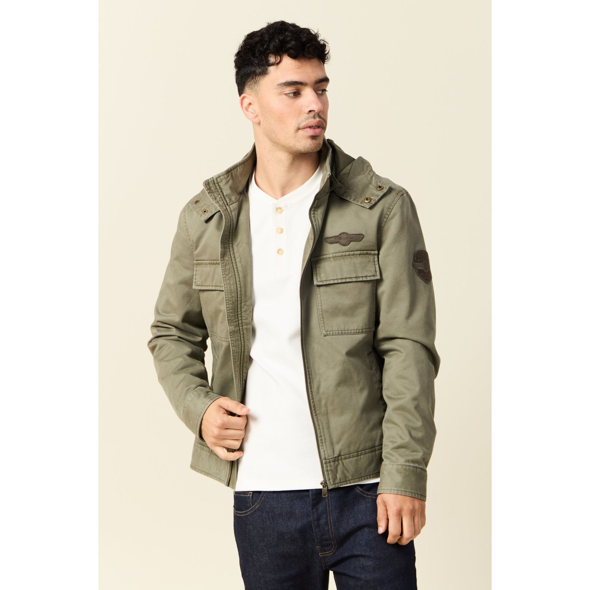 Blouson col montant à capuche vert kaki, BONOBO