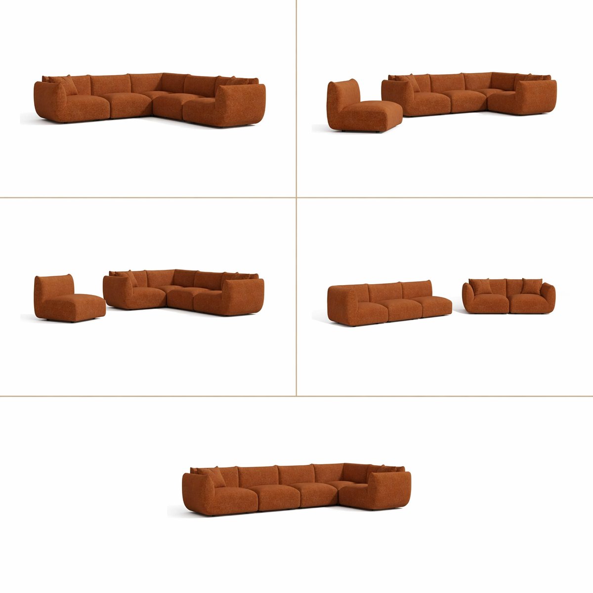 Canapé d'angle panoramique modulable 7 places en velours chenillé NOOMA terracotta, SIA HOME