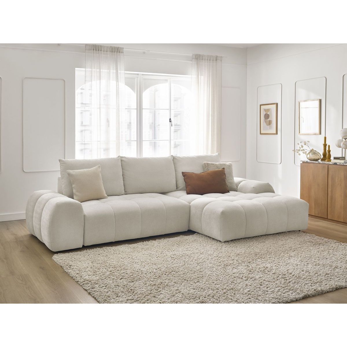 Canapé d'angle convertible 3 places en tissu texturé, EVEREST blanc, BOBOCHIC
