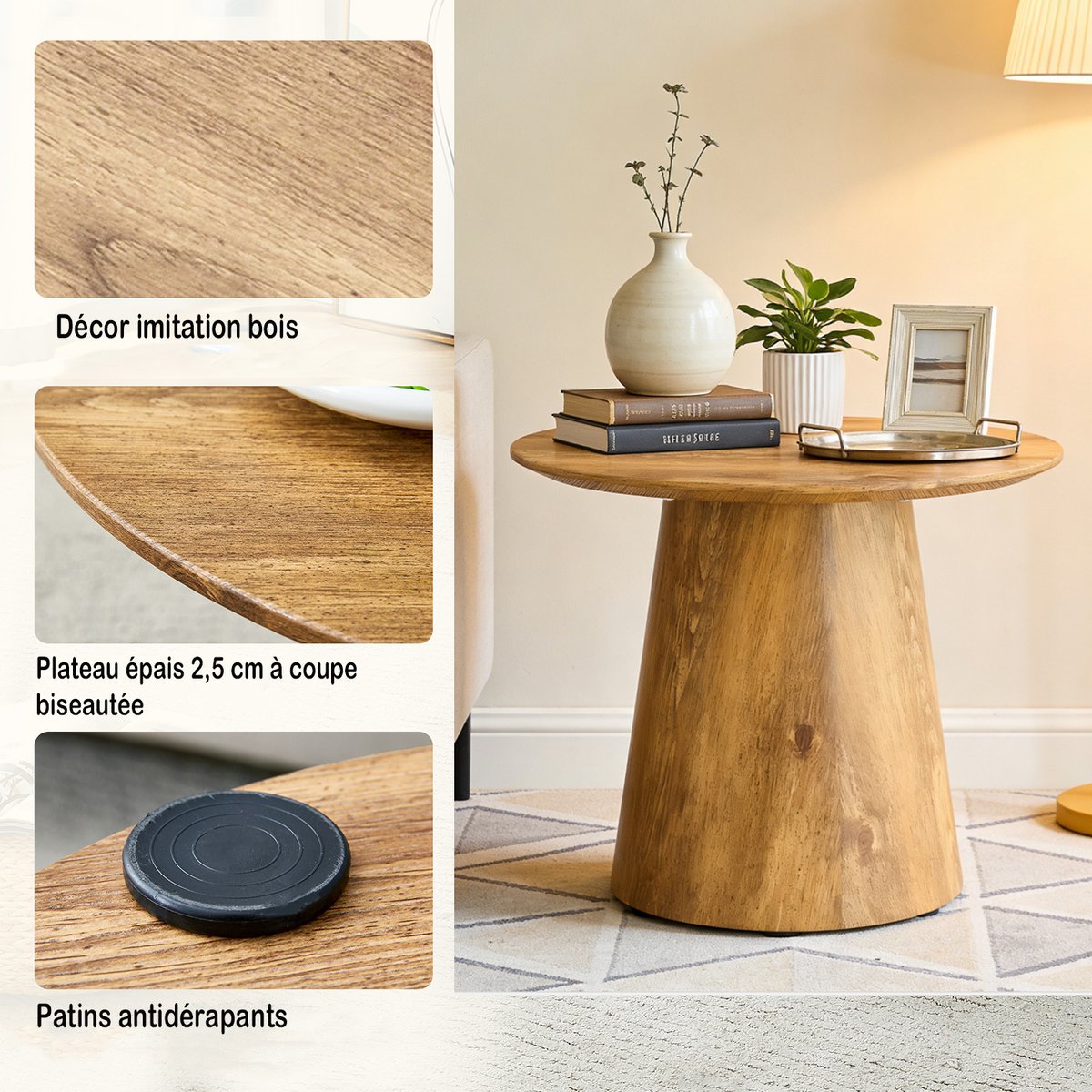 Table basse effet bois ronde scandinave, CONEB medium oak, MEUBLES COSY