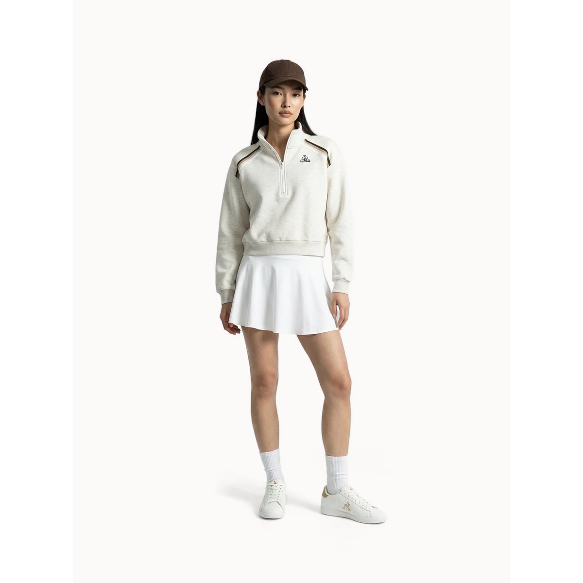 Sweat demi-zippé oversize en double face avec bandes rayées Heritage beige, LE COQ SPORTIF
