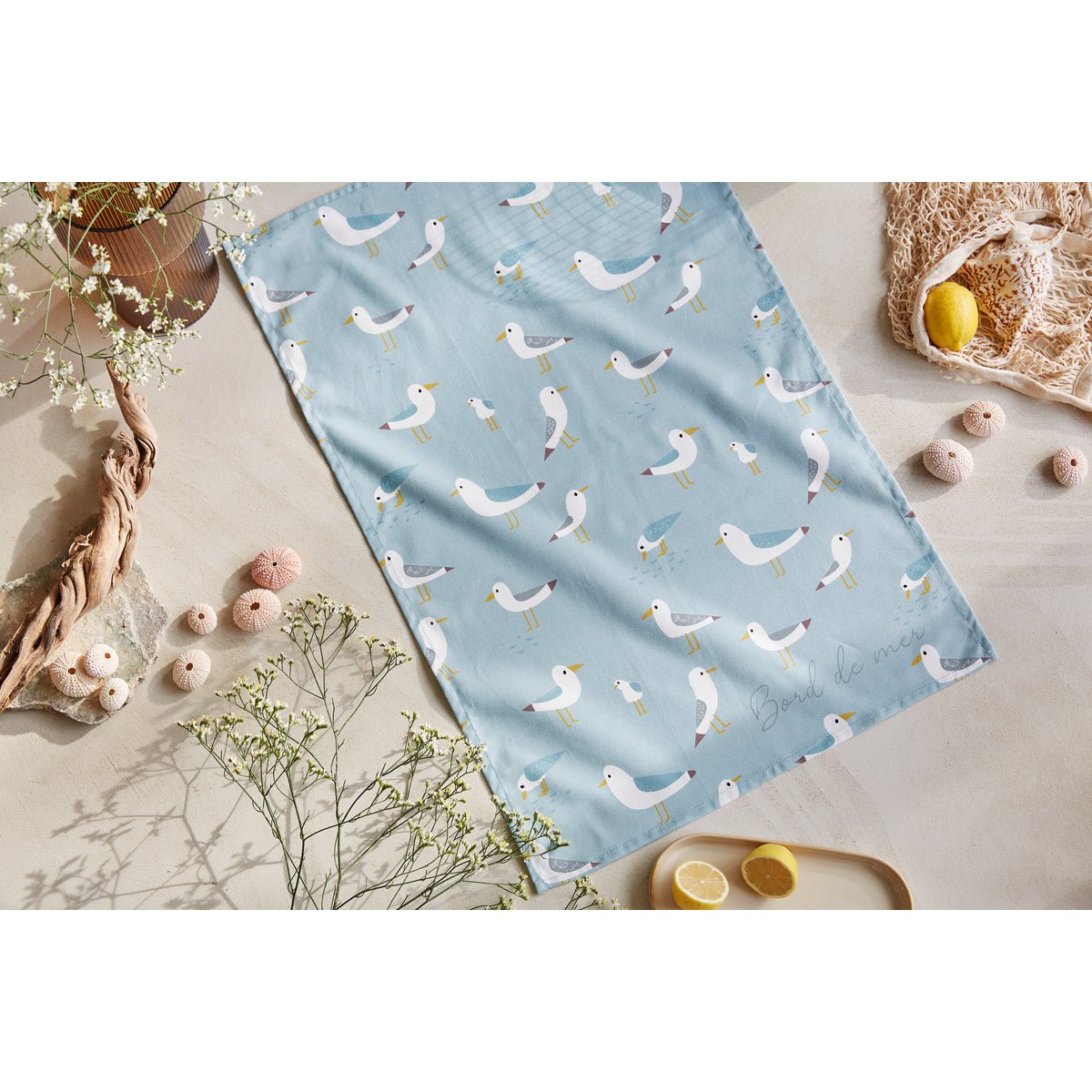 Torchon imprimé en coton LES MOUETTES gris, COUCKE