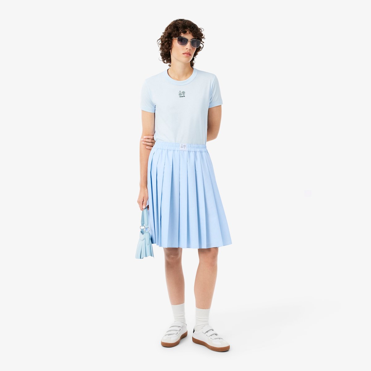 Jupe plissée mi-longue effet Petit Piqué bleu-t01, LACOSTE