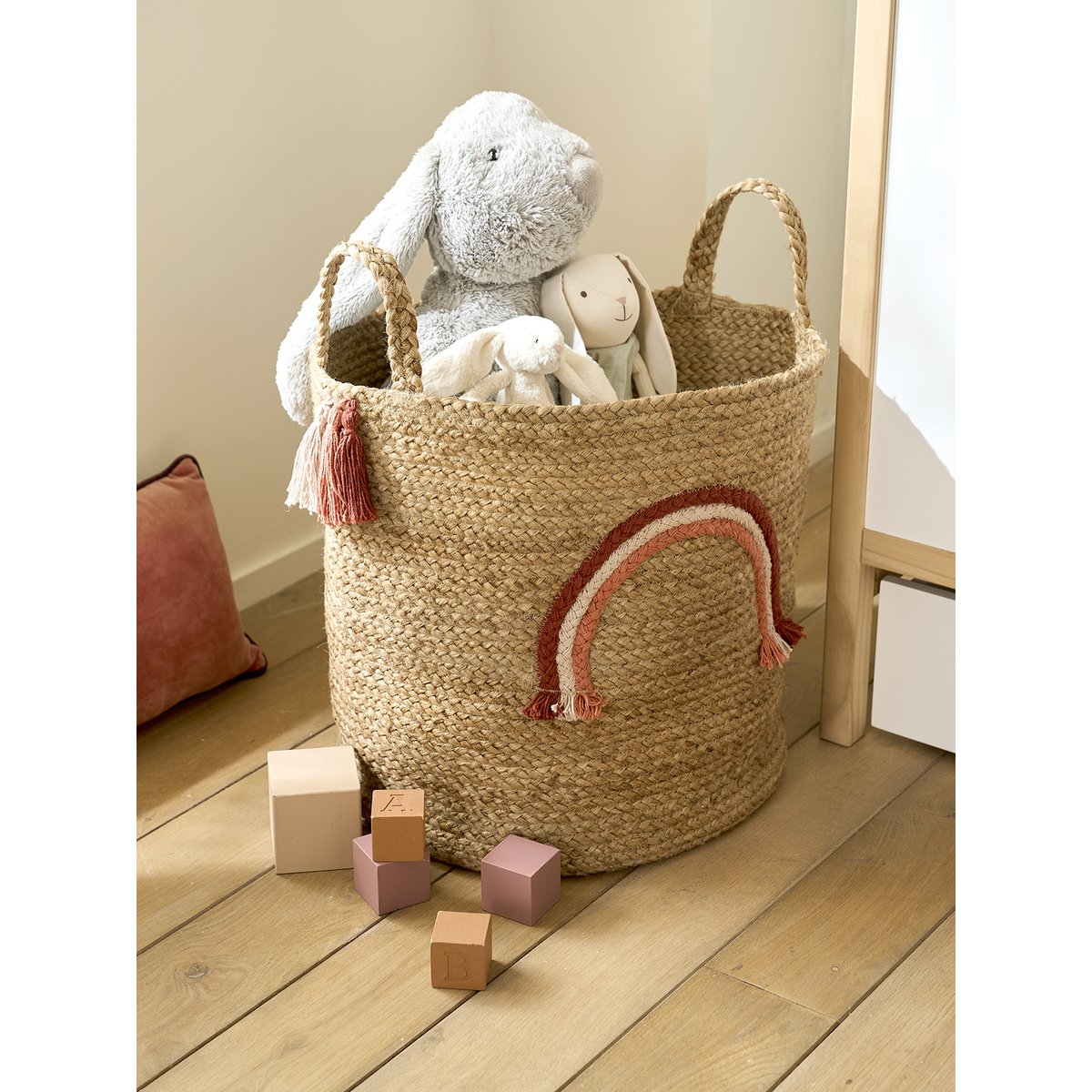 Panier de rangement Arc-en-ciel en jute avec pompons beige, VERTBAUDET