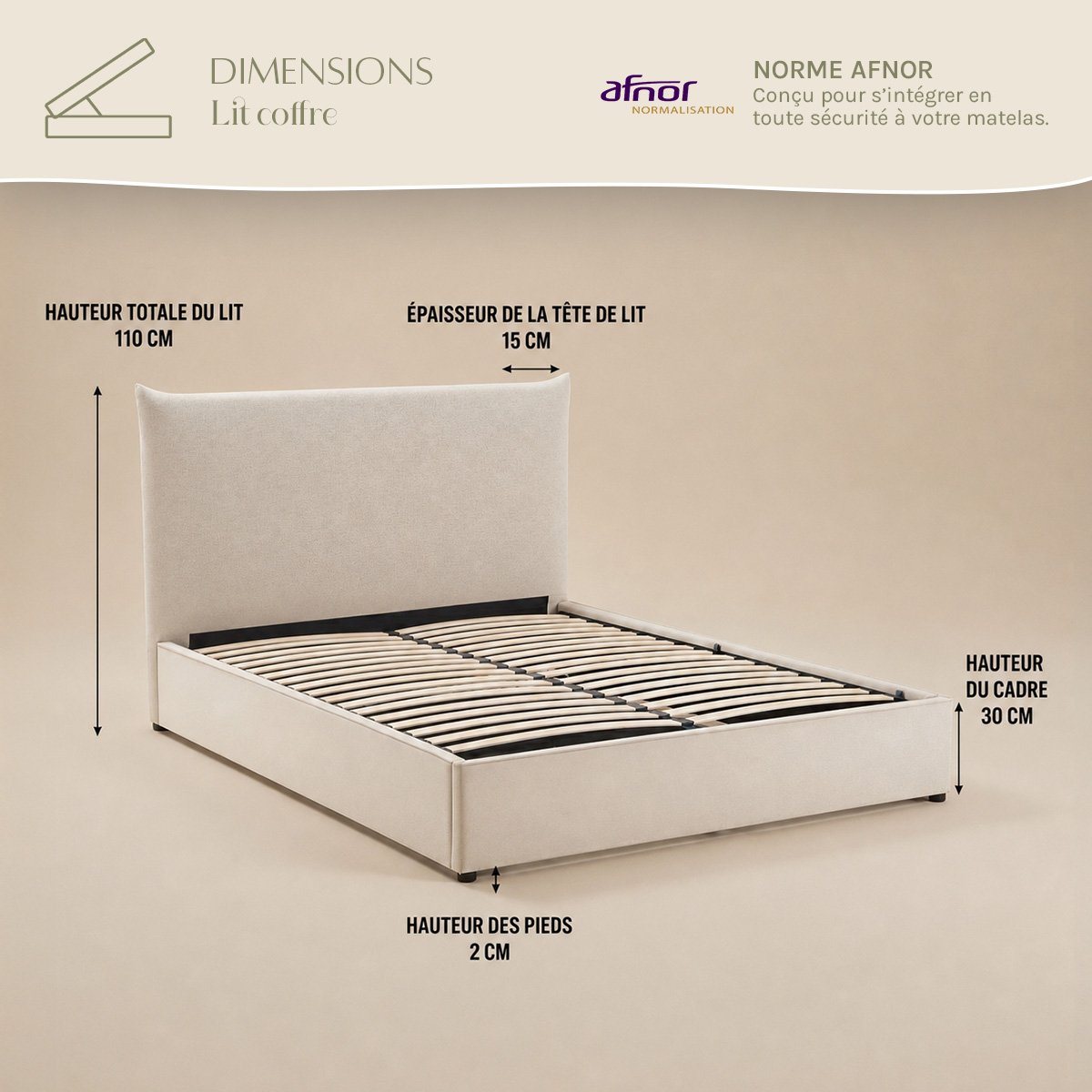 Lit coffre - Effet lin beige - OPÉRA beige, MAISON AUBERTIN