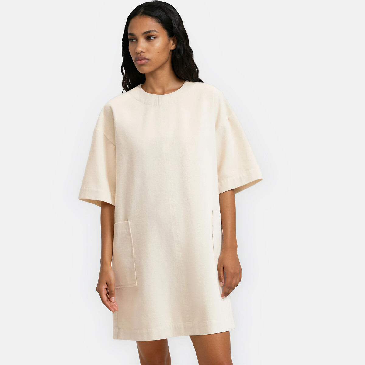Robe droite en denim, courte, manches courtes ecru, LA REDOUTE COLLECTIONS