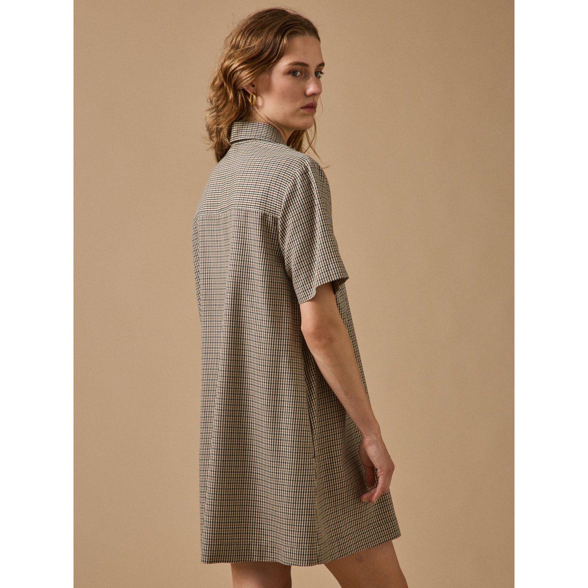 Robe chemise mini carreaux carreaux beige, CYRILLUS