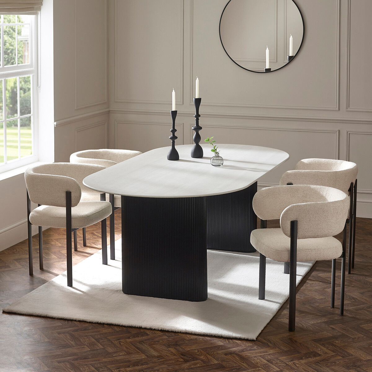 Boreno Oval Glass Dining Table with Fluted Pedestal Base white marble, SO'HOME